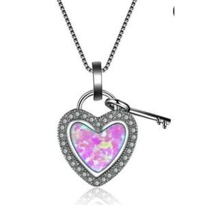 Pink OPAL N SAPPHIRE ON SILVER HEART KEY NECKLACE
